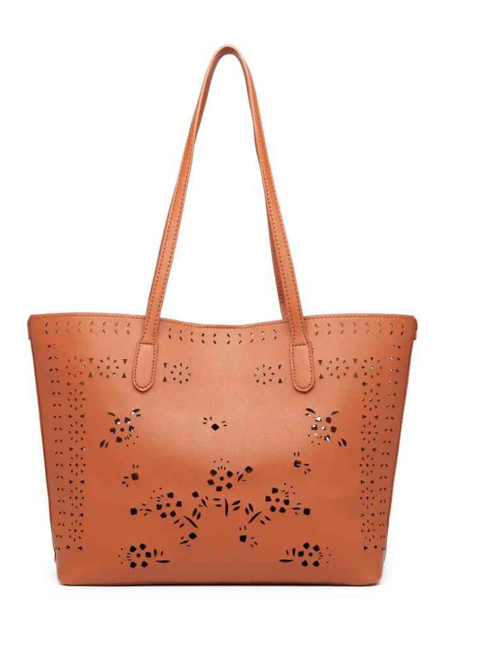 Tan Floral Cutwork Tote Bag