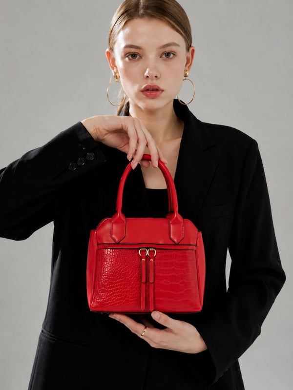 Elegant Red Women Handbag with Front Zip Design