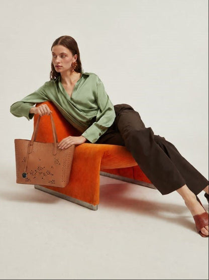 Tan Floral Cutwork Tote Bag